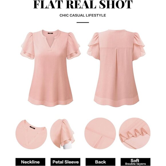 Womens Chiffon Blouse Short Sleeve V Neck Petal Puff Sleeve Casual Work Top - Picture 6 of 6